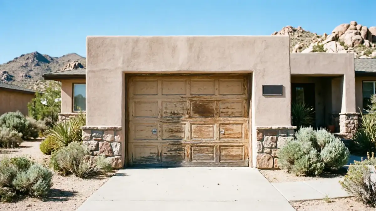 A weathered wooden garage door is on a stucco house with stone accents.