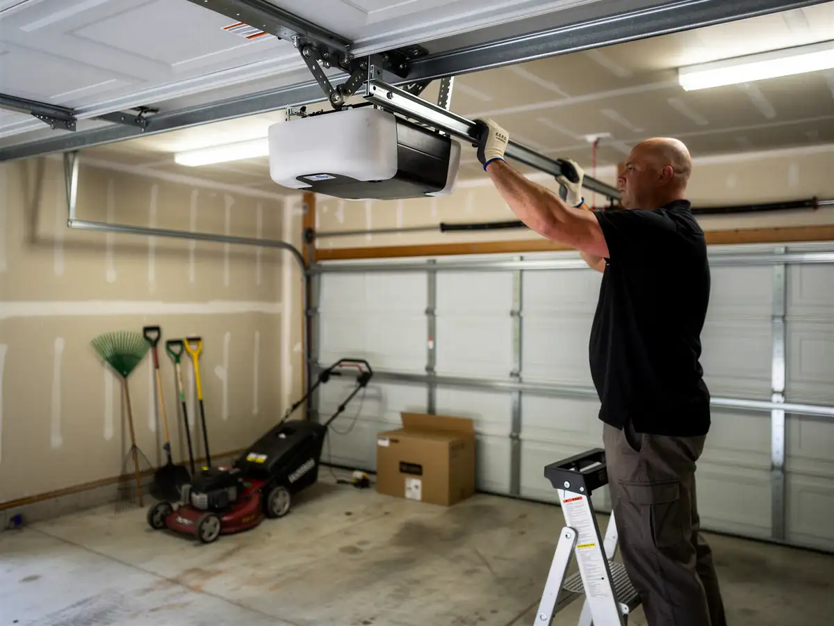 A technician on a ladder installs a new garage door opener.